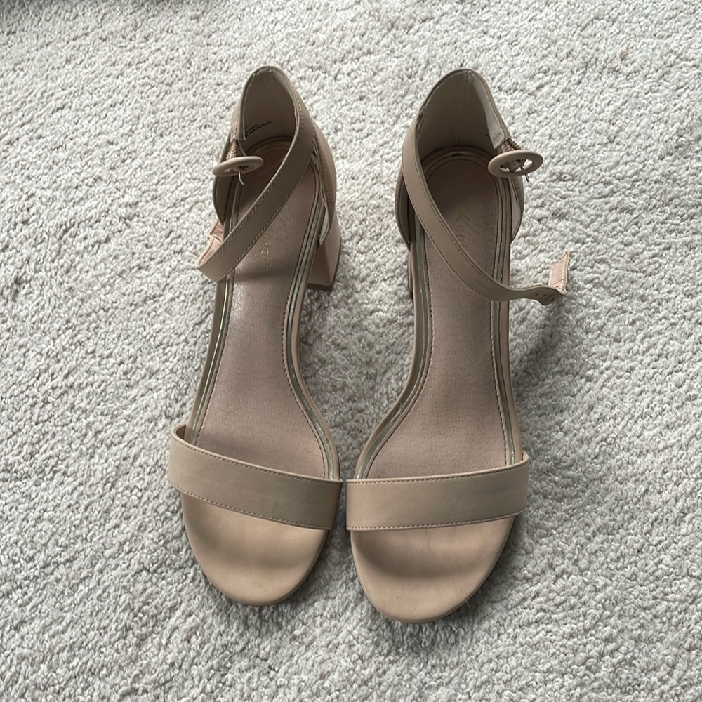 Beige open toe ankle strap heels